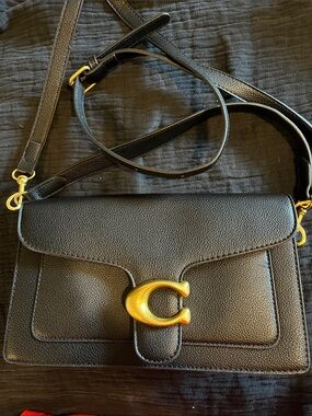 Black Leather Crossbody Shoulder Bag with Gold Hardware